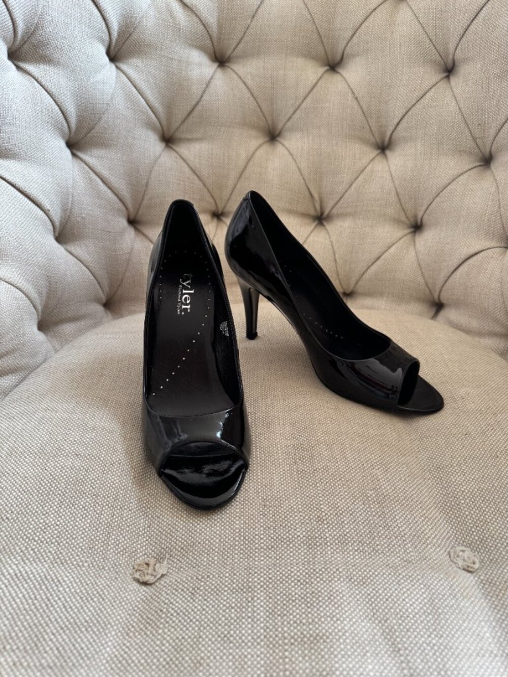 Tyler Richard Tyler Rumba Patent Leather Peep Toe Stiletto Heels